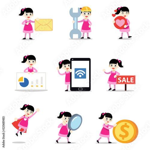 Set of character female creating a simple crafts of rag doll.