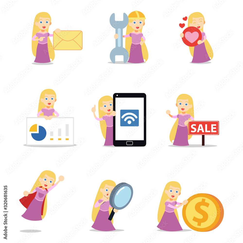 Set of character woman rapunzel with long hair. Set of character woman rapunzel with long hair.