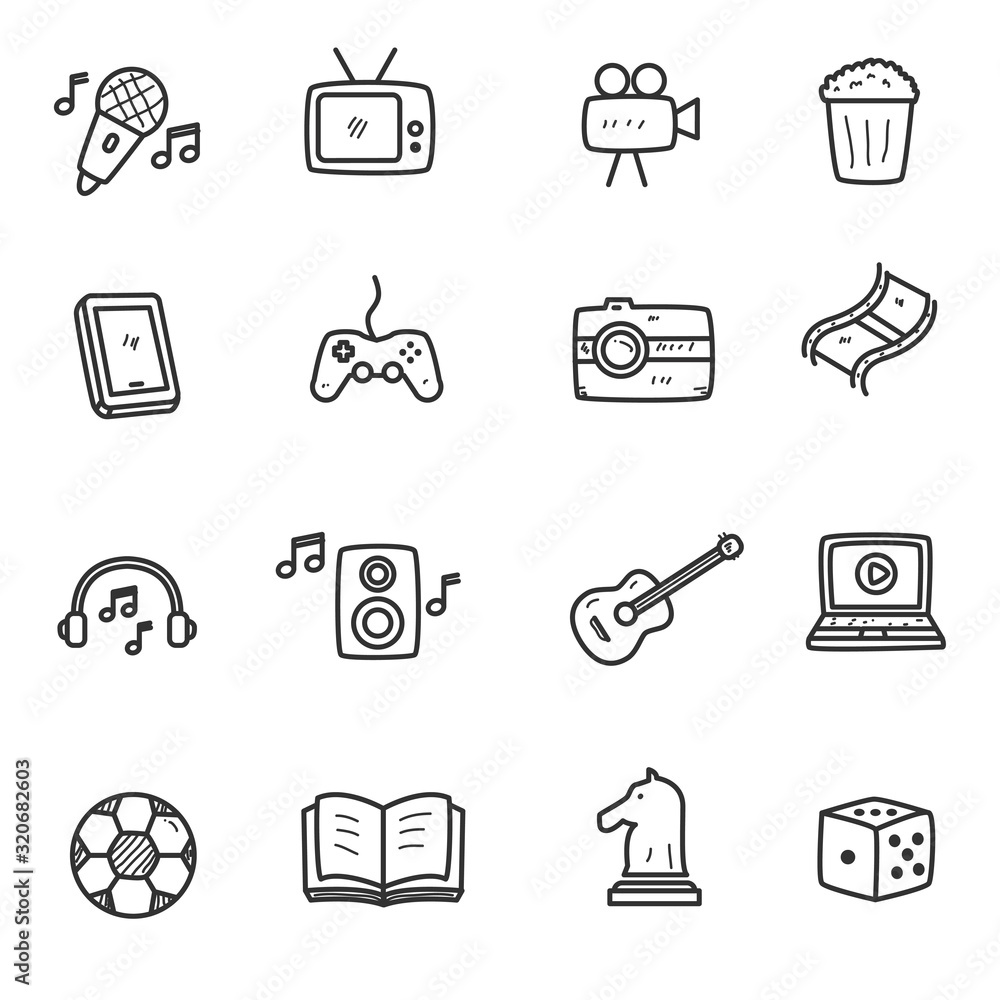 Set of multimedia and entertainment doodle element vector illustration in cute hand drawn style such as music, movie, and more. Entertainment doodle icons Set of multimedia and entertainment doodle element vector illustration in cute hand drawn style such as music, movie, and more. Entertainment doodle icons