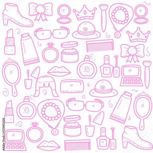 Hand drawn style of cosmetics and women accessories doodle collection with pink color. Cosmetics doodle background