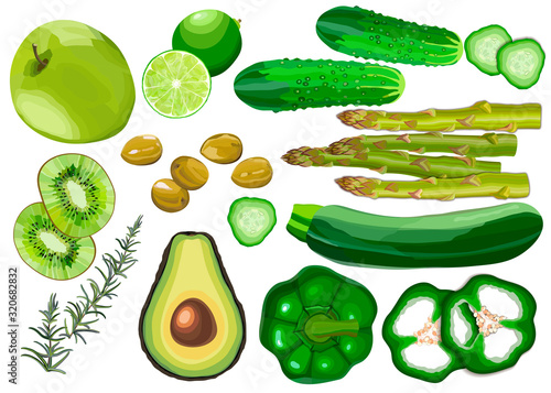 Collection of fresh green color vegetables and fruits raw on white background