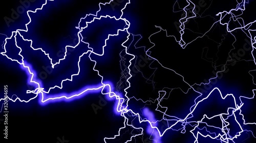 High-quality stock 4k: Electrical storm, blue lightning strikes on black background. The best stock of blue electric discharges, electrical storm, thunderstorm with flashing lightning thunderbolt photo