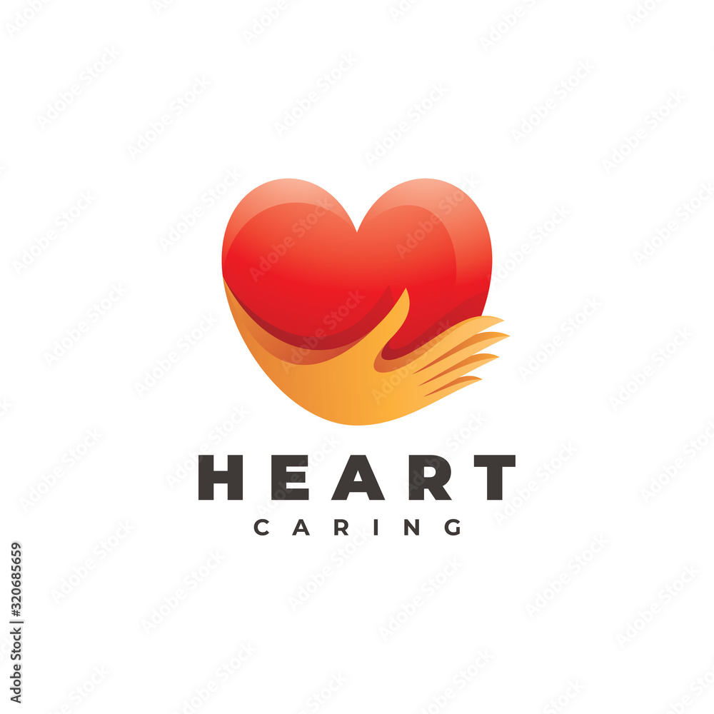 Modern 3D Gradient Heart Love and Care Hand Illustration Logo Icon