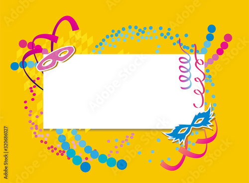 Colorful Carnival party frame with masks and confetti vector background with copy space.