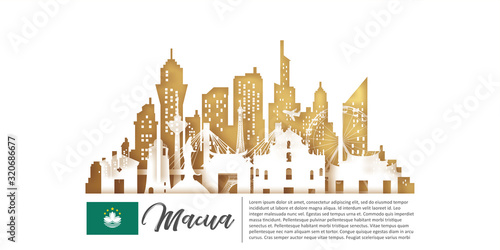 Macau Travel panorama postcard, poster, tour advertising of world famous landmarks in paper cut style. Vectors illustrations