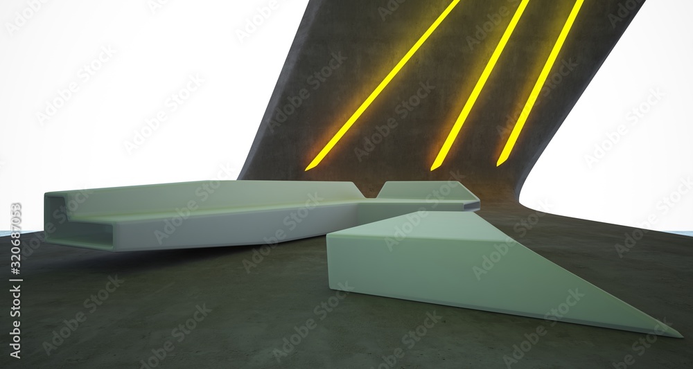 Abstract architectural concrete interior of a minimalist house with colored neon lighting. 3D illustration and rendering. Abstract architectural concrete interior of a minimalist house with colored neon lighting. 3D illustration and rendering.