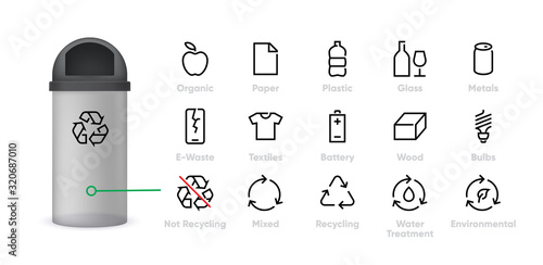 Recycling Icon. Types of Waste Materials vector symbols set. Sorting Pictograms isolated