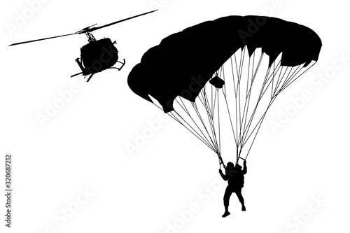  silhouettes parachuting  on white background