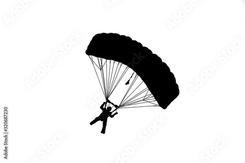  silhouettes parachuting on white background