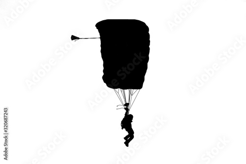  silhouettes parachuting on white background