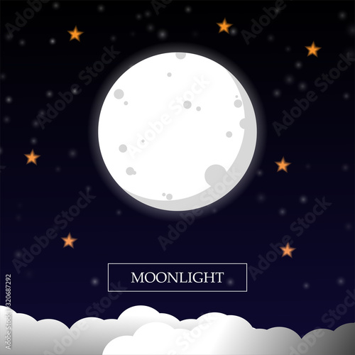 Moon and star in the night sky. Vector illustration.