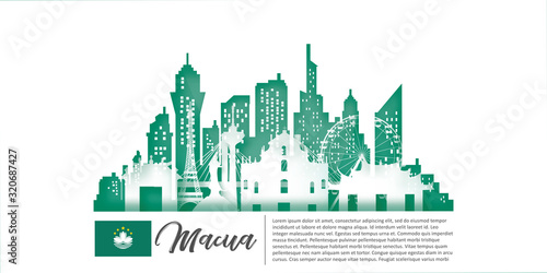 Macau Travel panorama postcard, poster, tour advertising of world famous landmarks in paper cut style. Vectors illustrations