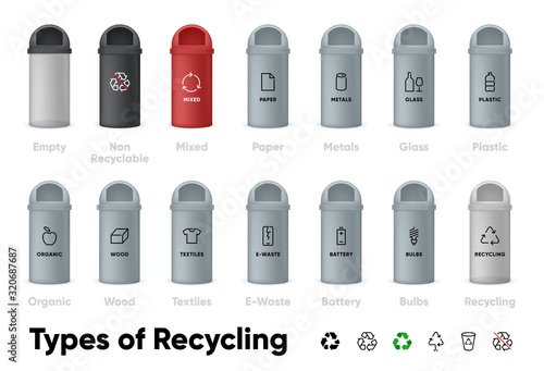 Types of Recycling vector icons set. Waste Sorting, Garbage Separation large collection Organic, Paper, Plastic, Glass, Metals, Wood, Bulbs, E-waste, Textiles, Battery and Not Recycling set