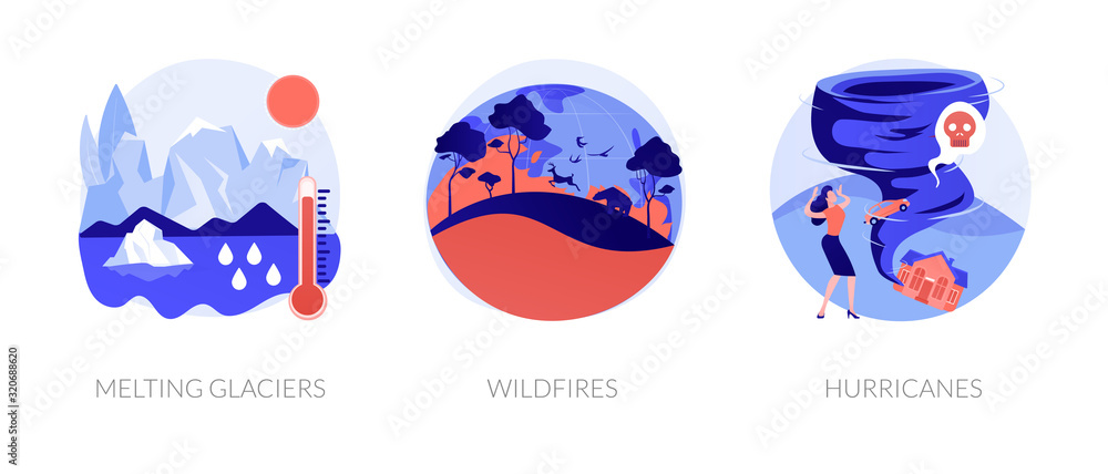 Global warming disasters, cataclysms, climate change consequences. Nature damage, destructions. Glaciers, wildfires, hurricanes metaphors. Vector isolated concept metaphor illustrations.