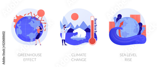 Greenhouse effect, climate change, sea level rise. Global warming effect. Ultraviolet radiation, food contamination, acid rain metaphors. Vector isolated concept metaphor illustrations.