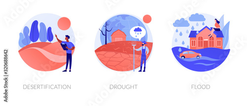 Global warming consequence, climate change outcome. Wildlife extinction, sea level and landscape changing. Desertification, drought, flood metaphors. Vector isolated concept metaphor illustrations.