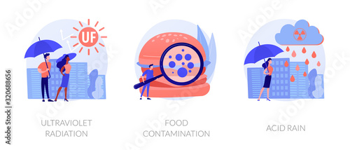 Radioactive effect, Earth atmosphere pollution, damage to human health. Ultraviolet radiation, food contamination, acid rain metaphors. Vector isolated concept metaphor illustrations.