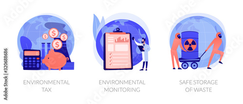 Fighting ecological problems icons set. Solution of ecological issues. Environmental tax, environmental monitoring, safe storage of waste metaphors. Vector isolated concept metaphor illustrations.