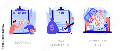 Financial agreement signing flat icons set. Legal document, business papers. Bill of sale, loan disbursement, prepayment terms metaphors. Vector isolated concept metaphor illustrations.