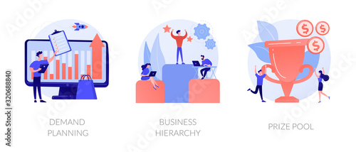 Business development and improvement flat icons set. Start up launching strategy. Demand planning, business hierarchy, prize pool metaphors. Vector isolated concept metaphor illustrations.
