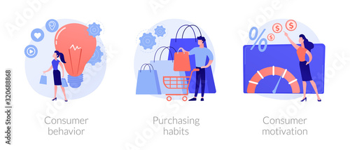 Buyer persona and purchase decision process. Customer buying, shopping habits. Consumer behavior, purchasing habits, consumer motivation metaphors. Vector isolated concept metaphor illustrations. photo