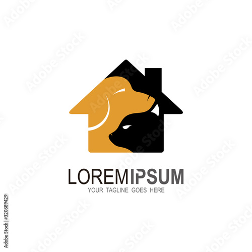 Pet house, pet care emblem logo design template. Veterinary clinics and animal shelters homeless vector illustration