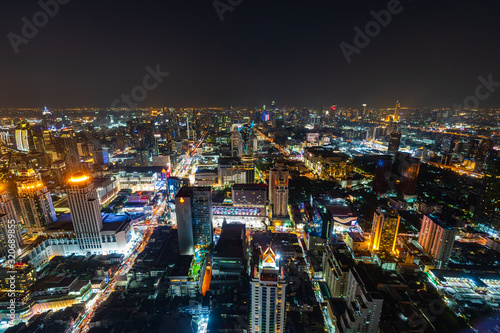 Bangkok city downtown and road traffic at night of Thailand   Cityscape