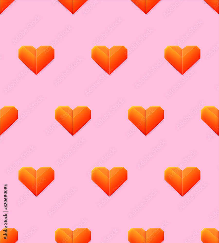 Seamless pattern with hearts isolated on pink background. Red hearts from folded paper for Valentine s day. Template for fabric, wrapper, banners. Vector 3d illustration.