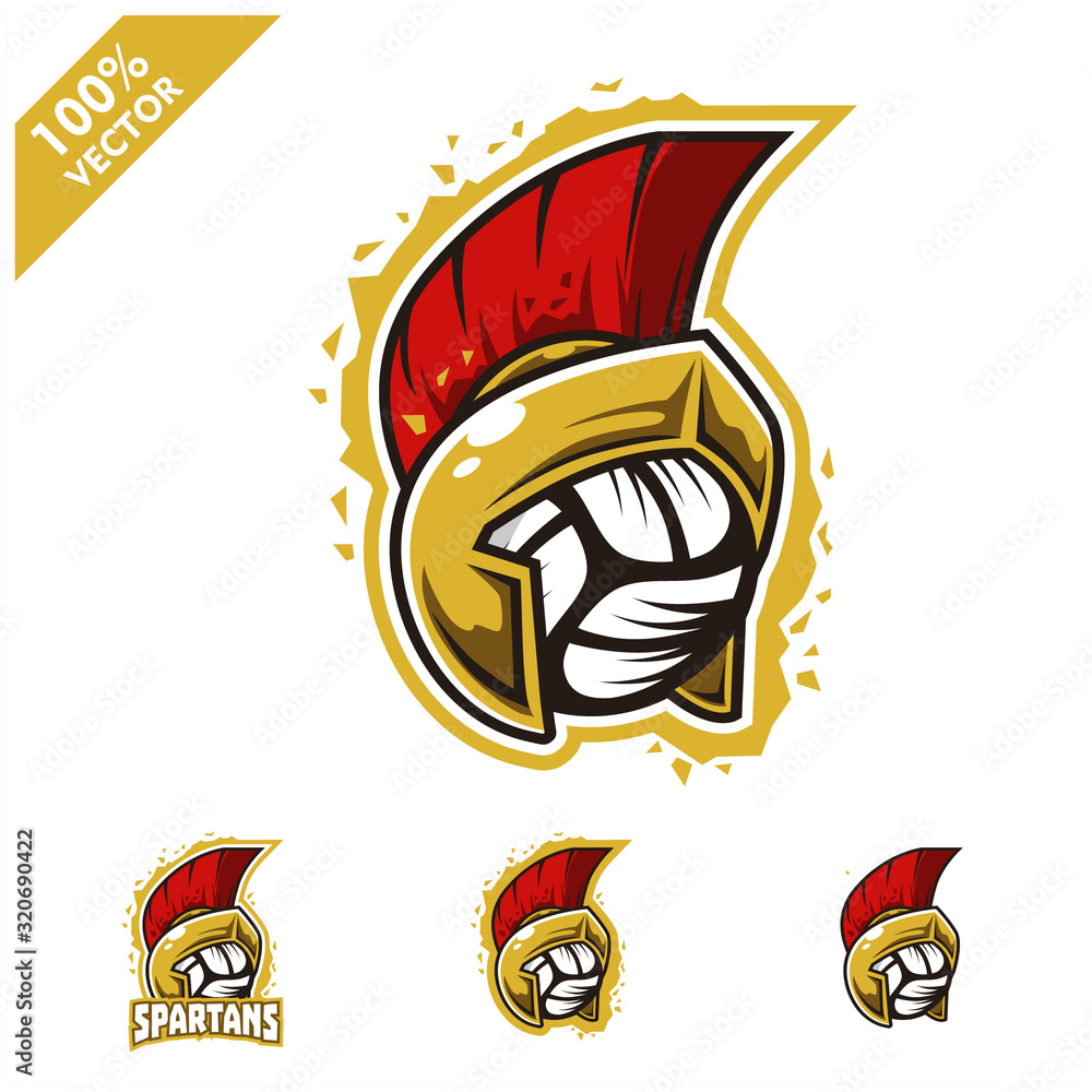 Obraz premium Volleyball ball with Spartan helmet logo vector illustration for club or team. Scalable and editable 4 variation vector.