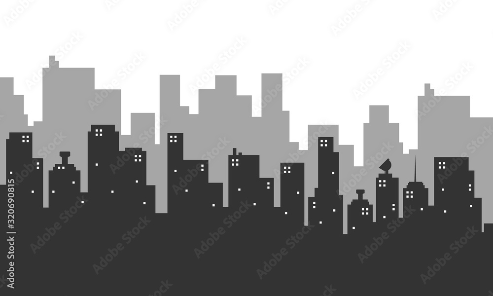 Plakat Silhouette background city many buildings and windows