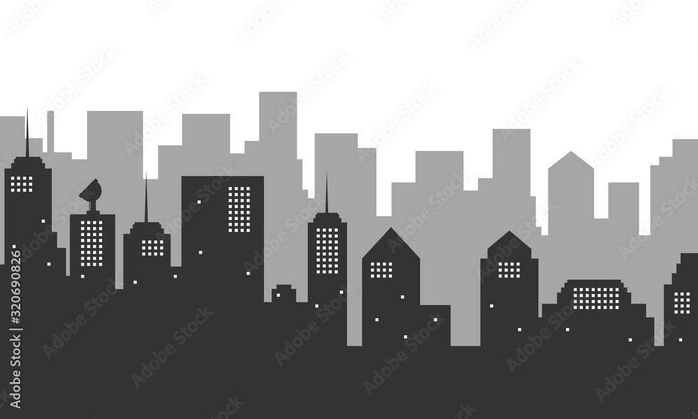 Silhouette background with city buildings many mall