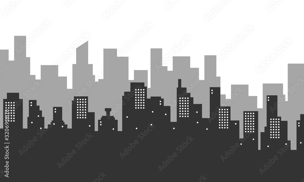 Silhouette background with city buildings many mall