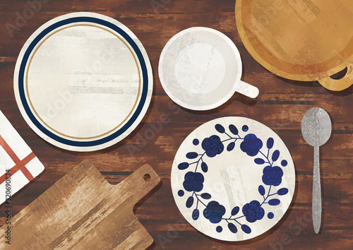 Foto 水彩の食器と木のテーブル