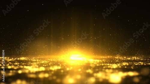 Abstract stylish light effect on a black background. Gold glowing neon line. Golden luminous dust and glares. Flash Light. luminous trail 