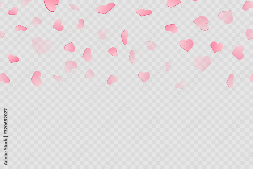 Valentine's day card with falling pink hearts on transparent background. Vector