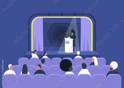 Class of 2020 Graduation ceremony, Graduated black female student in a gown standing on stage behind a tribune