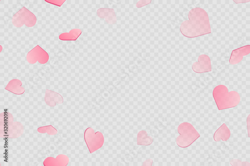 Valentine s day card with falling pink hearts on transparent background. Vector