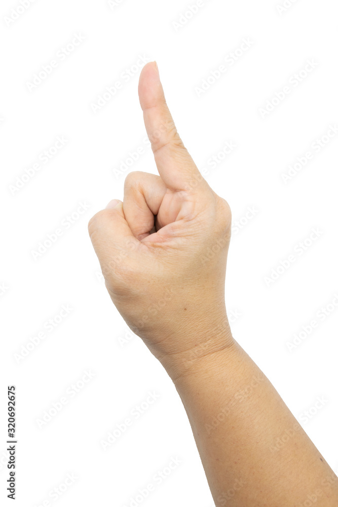 Female hand with raised index finger on white background Female hand with raised index finger on white background