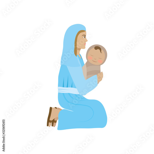 cute mary virgin with jesus baby manger characters
