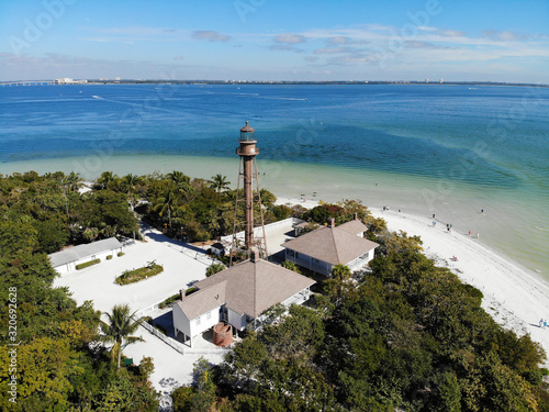 Aerial landscape view of the lighthouse and lighthouse beach on Sanibel Island in Lee County, Florida, United States