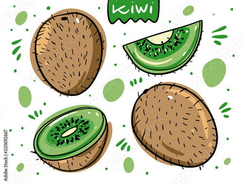 Kiwi fruit set. Hand drawn vector illustration in cartoon style. Isolated on white background.