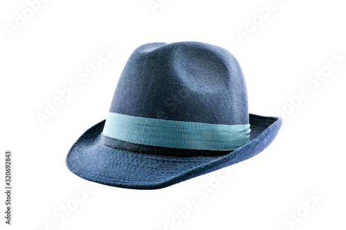 blue felt vintage hat on white background.