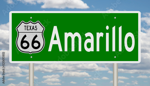 Rendering of a green 3d highway sign for Amarillo Texas on Route 66 photo