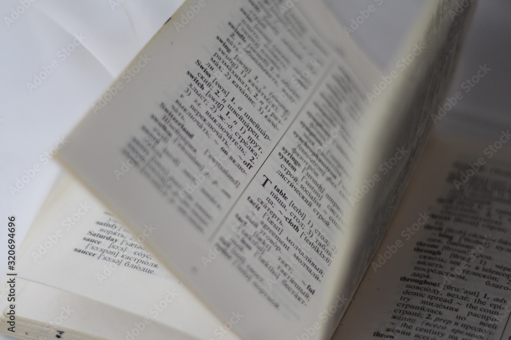 Fototapeta premium Transcription and translation with the translation of the old dictionary on the background of air chiffon