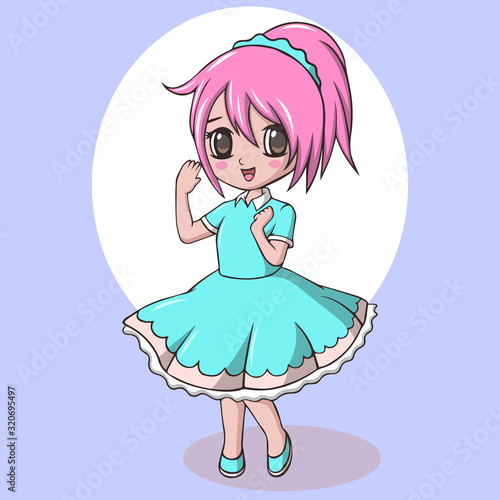 Cartoon cute little girl in blue dress
