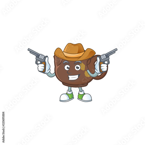 Confident teapot Cowboy cartoon character holding guns