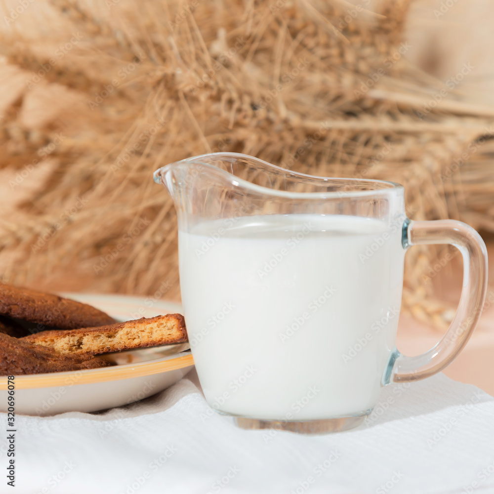 Healthy food, breakfast, cereal snack. Fresh milk in a glass jug and oatmeal cookies on the table, an armful of ears of corn on a peach color background. A balanced diet, protein and carbohydrates Healthy food, breakfast, cereal snack. Fresh milk in a glass jug and oatmeal cookies on the table, an armful of ears of corn on a peach color background. A balanced diet, protein and carbohydrates