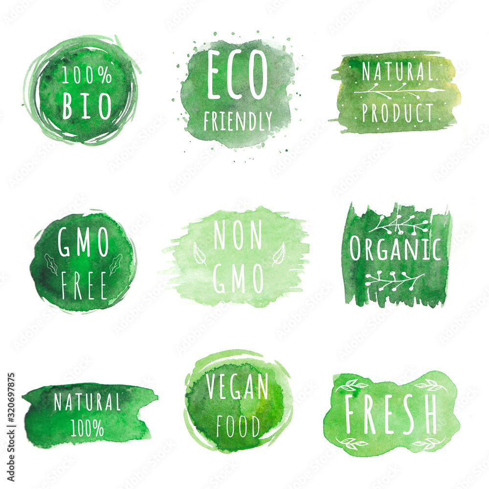 Set of Eco, organic labels. Green abstract hand drawn watercolor background. Natural, organic food or cosmetic. Bio and eco design elements. - obrazy, fototapety, plakaty 