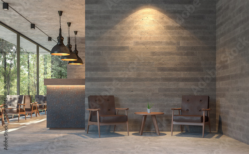 Stampa su Tela Loft style coffee shop with nature view 3d render,There are polished concrete floors, wood plank stamped concrete walls, decorate with  brown leather furniture,Large window overlooking green garden