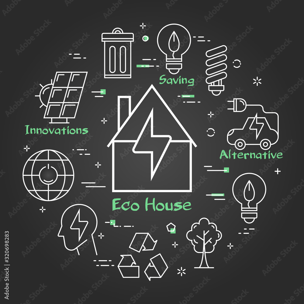 Vector black linear banner of eco home - house icon